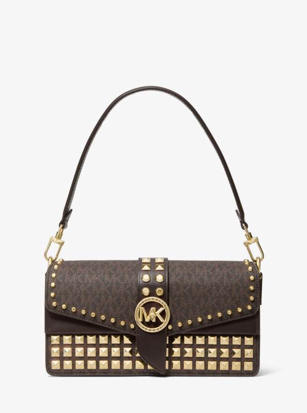 Damske Taška Cez Rameno Michael Kors Greenwich Medium Studded Logo Čokoláda - Kabelky Michael Kors Lacne | VFPYD-6872